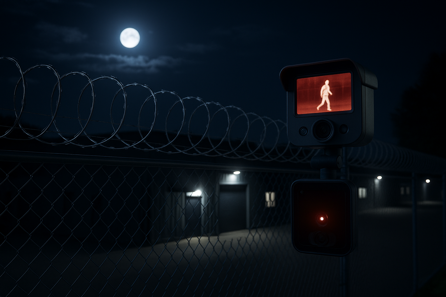 Night surveillance system with thermal imaging showing perimeter security monitoring and intrusion detection